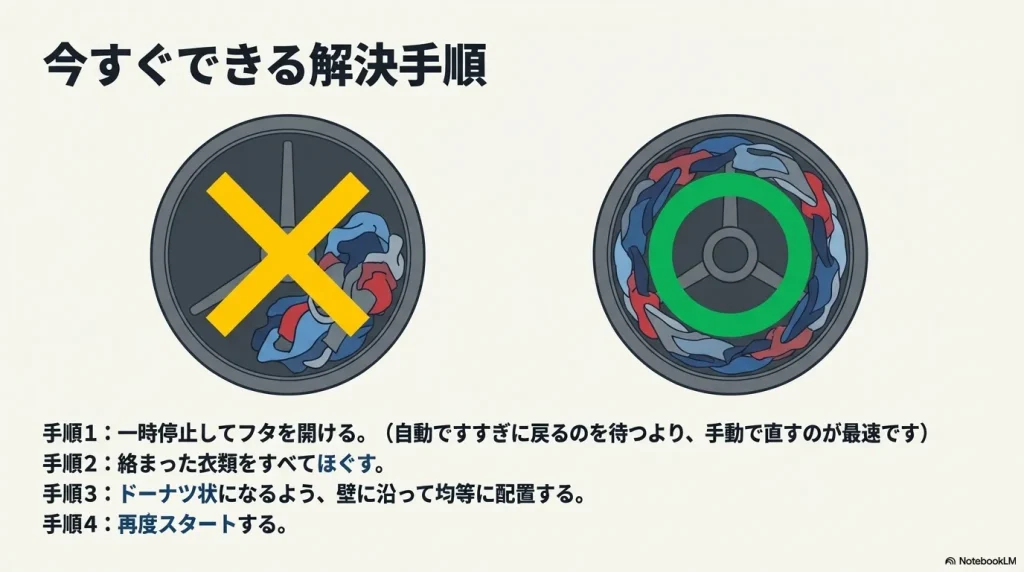 洗濯槽の中の衣類をほぐし、壁に沿ってドーナツ状に均等に配置して再スタートする手順を、成功例と失敗例のイラストで比較。