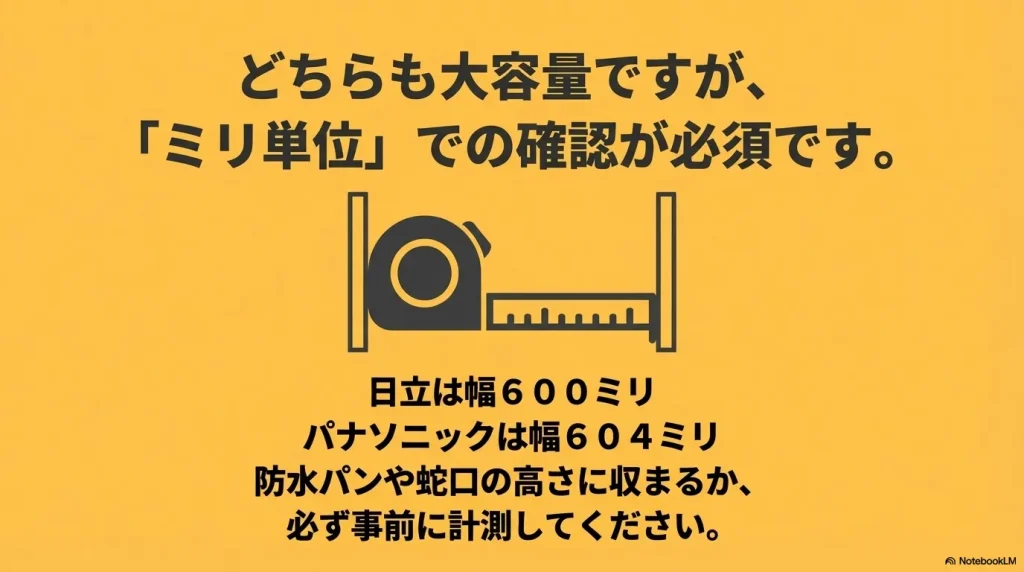 日立は幅600ミリ、パナソニックは幅604ミリ。設置場所のミリ単位の計測が必要。