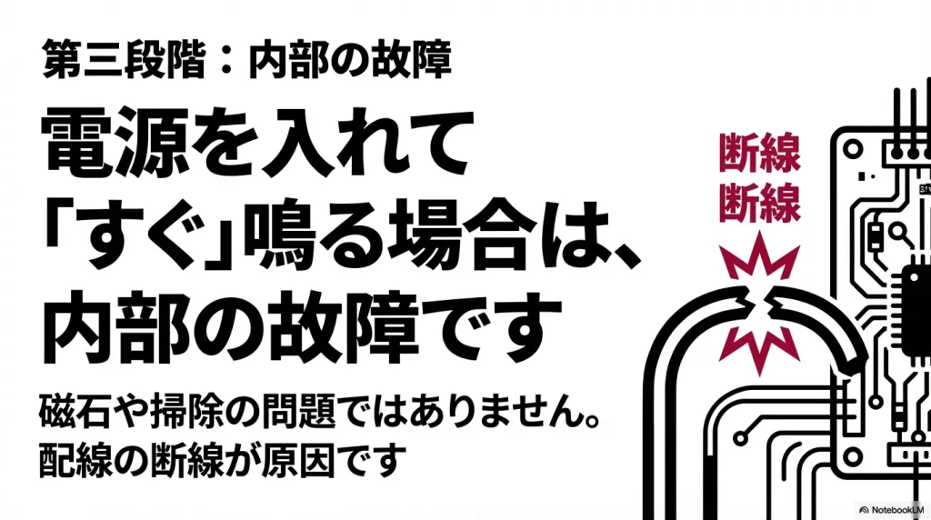 電子回路と断線した配線のイラストスライド。 電源を入れてすぐ鳴る場合は内部の故障であり、配線の断線が原因であることを示している。