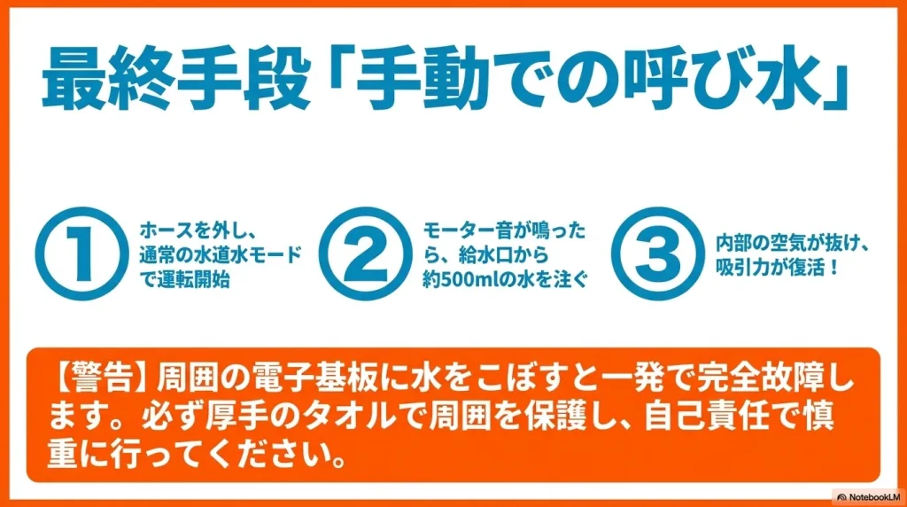 通常の水道水モードで運転開始し、モーター音が鳴ったら給水口から約500mlの水を注ぐ最終手段の手順