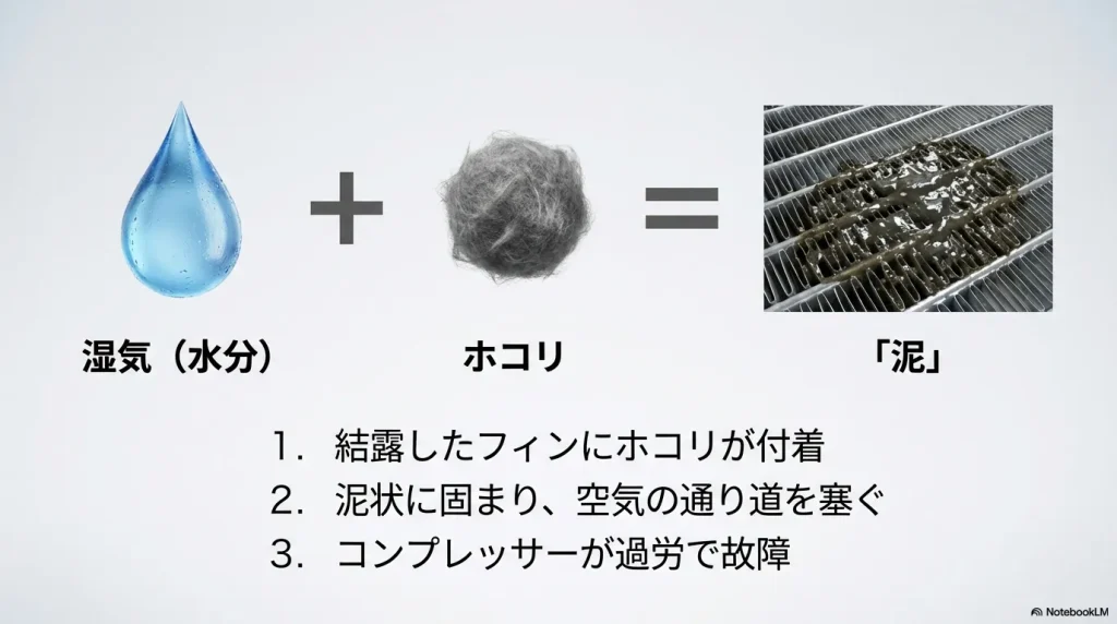 フィンに付着したホコリが結露で泥状に固まり、空気の通り道を塞いでコンプレッサーを故障させる仕組みの解説図。