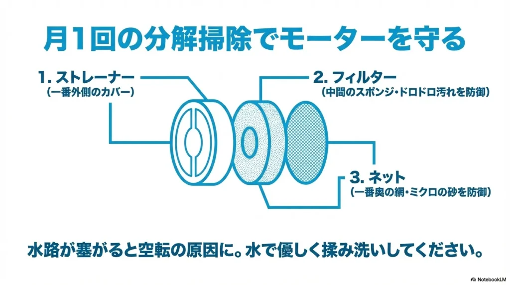 ストレーナー、フィルター、ネットの3層構造と、月1回の分解掃除でモーターを守る手順