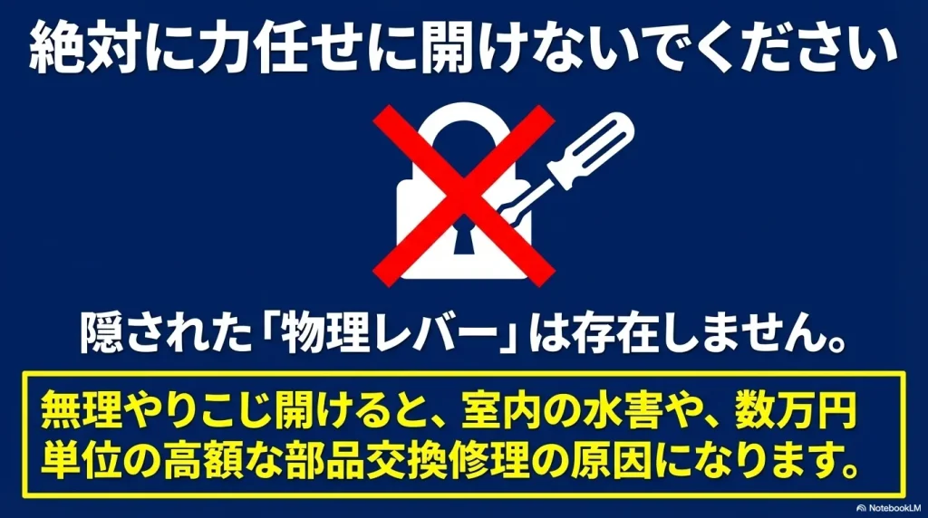 南京錠をマイナスドライバーでこじ開けようとするイラストにバツ印。隠された物理レバーは存在せず、無理やりこじ開けると高額な修理の原因になることを警告しています。