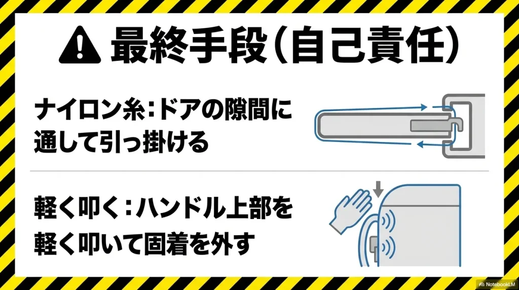 ドアの隙間にナイロン糸を通して引っ掛ける方法と、ハンドル上部を軽く叩いて固着を外す方法