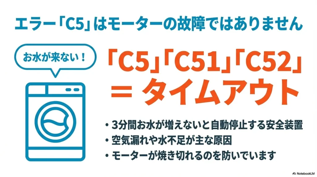 エラーC5、C51、C52はモーター故障ではなく、3分間お水が増えないことによるタイムアウトを示すスライド