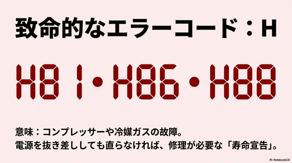 コンプレッサーや冷媒ガスの故障を意味する「H81」「H86」「H88」といった寿命宣告に近いエラーコードの表示。