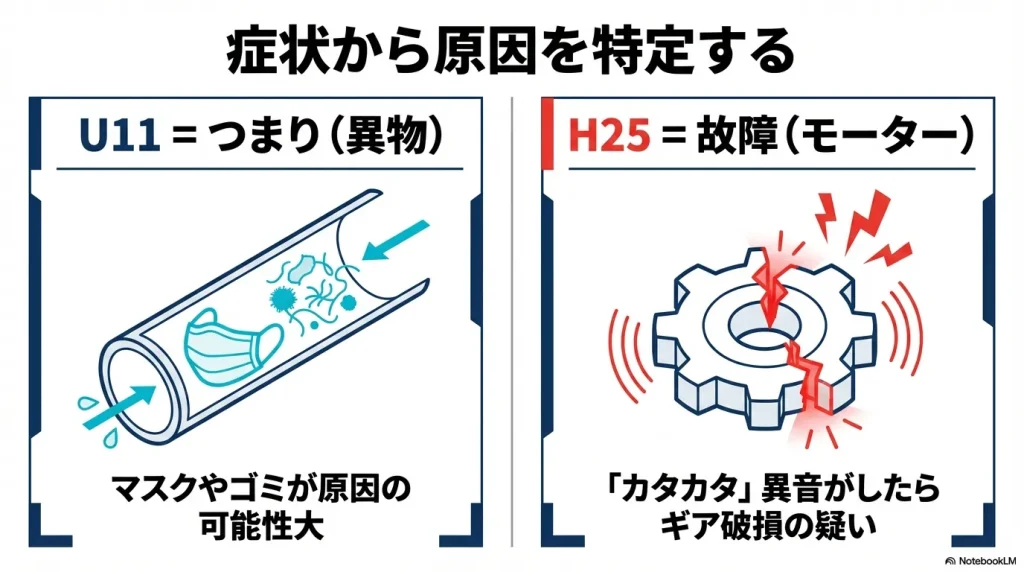 U11エラーは異物詰まり、H25エラーはモーター故障を指し、異音の有無で原因を切り分ける方法のまとめ。