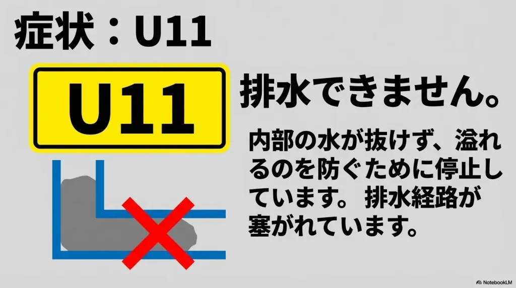 U11エラーの解説画像。排水経路が塞がれて水が抜けず、溢れるのを防ぐために停止している症状を説明している。