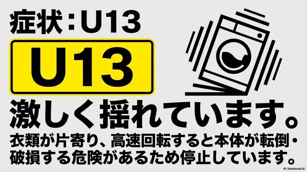 U13エラーの解説画像。衣類が片寄り、激しく揺れて本体が転倒・破損する危険があるため停止している状態を示している。