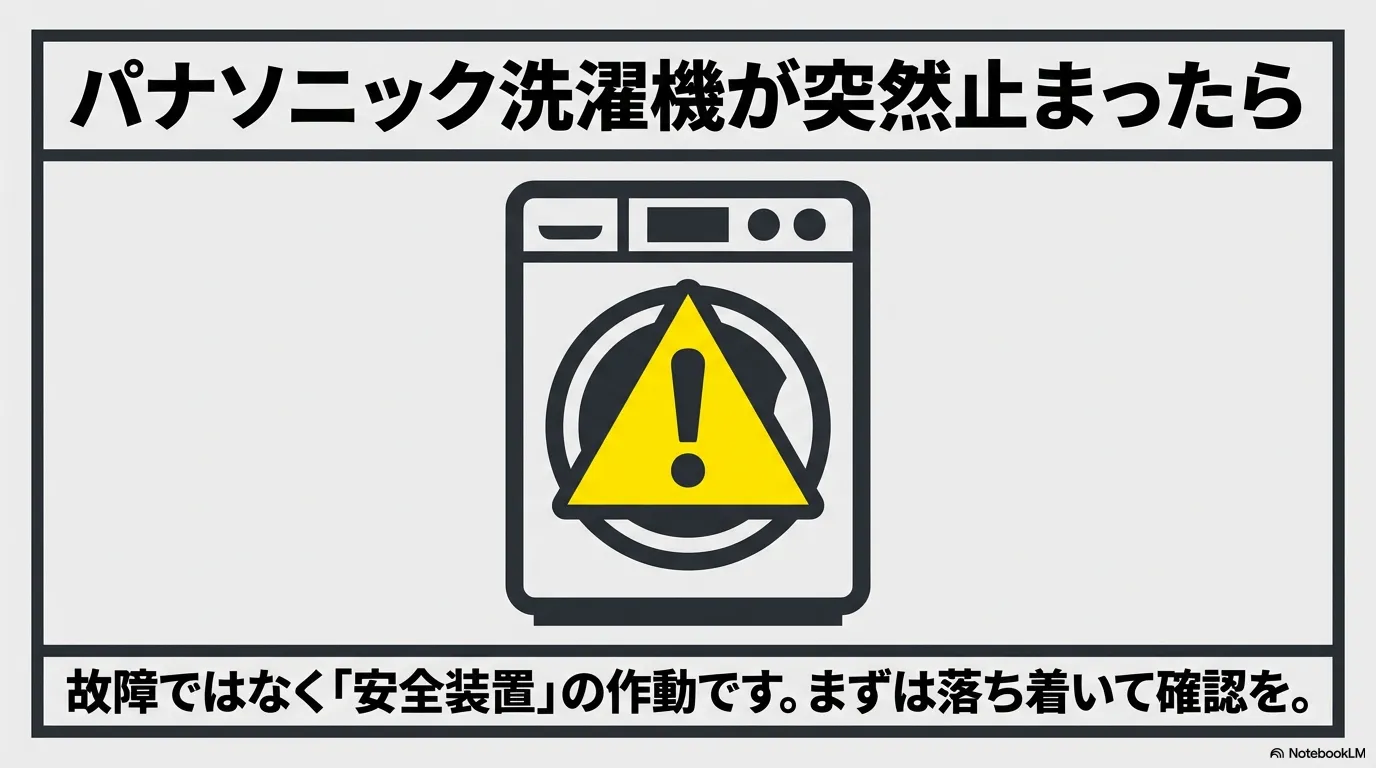 洗濯機のイラストとエラーを知らせる警告マーク。故障ではなく安全装置の作動であることを示している。