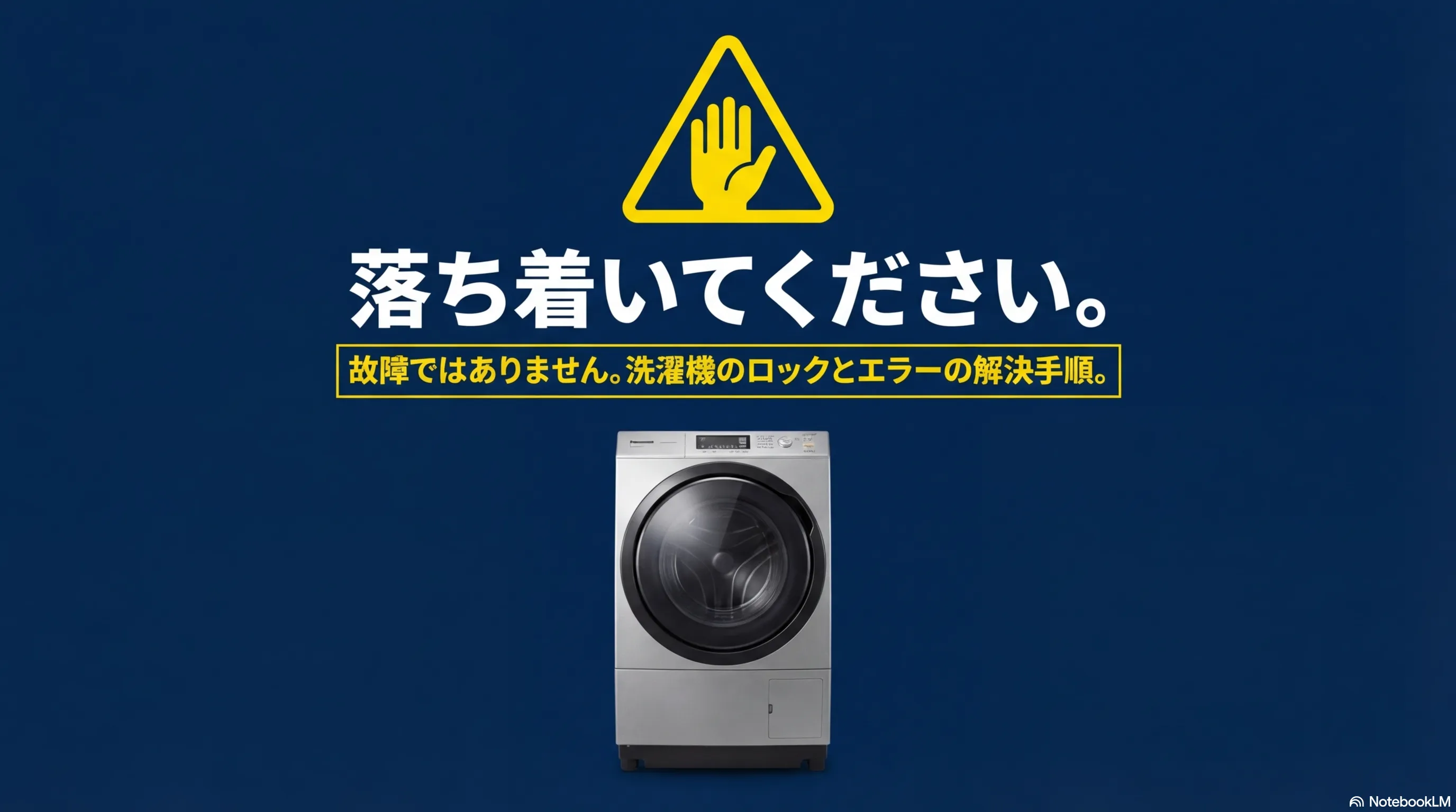 パナソニック洗濯機のロックとエラー解決手順を示すタイトルスライド。落ち着いて対処すれば故障ではないことを伝えています。