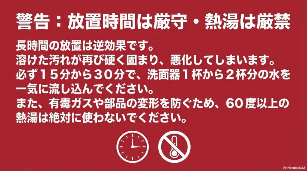 放置時間は15〜30分を厳守すること、60度以上の熱湯は厳禁であることを示す警告図