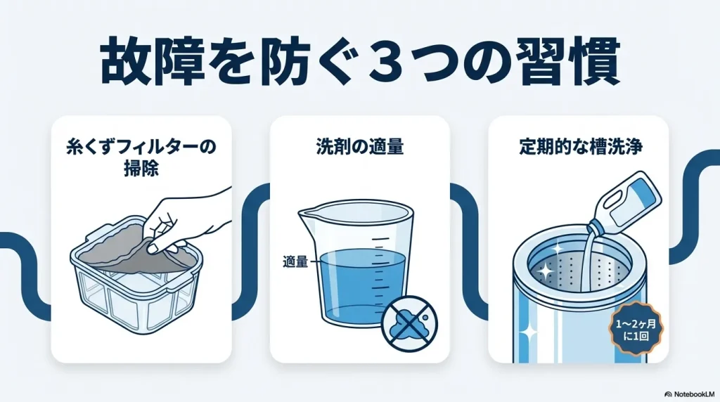 故障を防ぐ3つの習慣として、糸くずフィルターの掃除、洗剤の適量の使用、1ヶ月から2ヶ月に1回の定期的な槽洗浄を推奨するスライド 