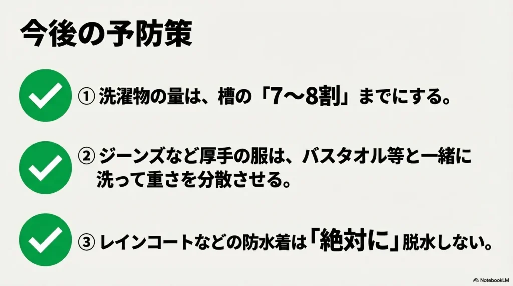洗濯物の量を7〜8割にする、重い服はバスタオルと混ぜる、防水着は絶対に脱水しないという、今後の予防策をまとめたスライド。