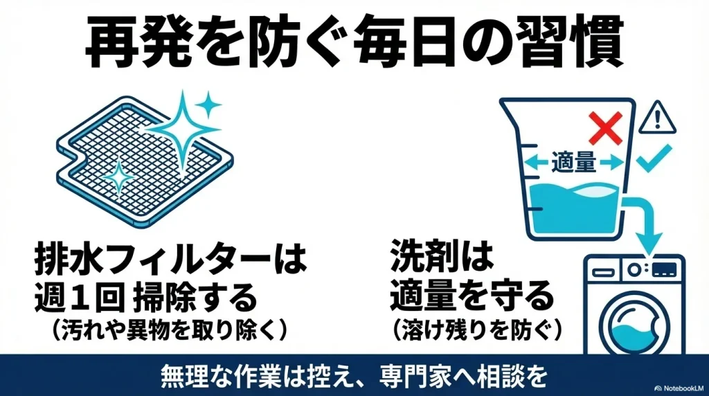 排水フィルターの週1回清掃と、洗剤の適量を守ることで溶け残りを防ぐ予防メンテナンスのまとめ。