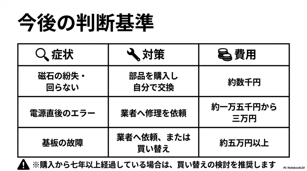 磁石の紛失や基板の故障など、症状ごとの対策と費用の目安をまとめた表のスライド。 購入から七年以上経過している場合は買い替えの検討を推奨している。