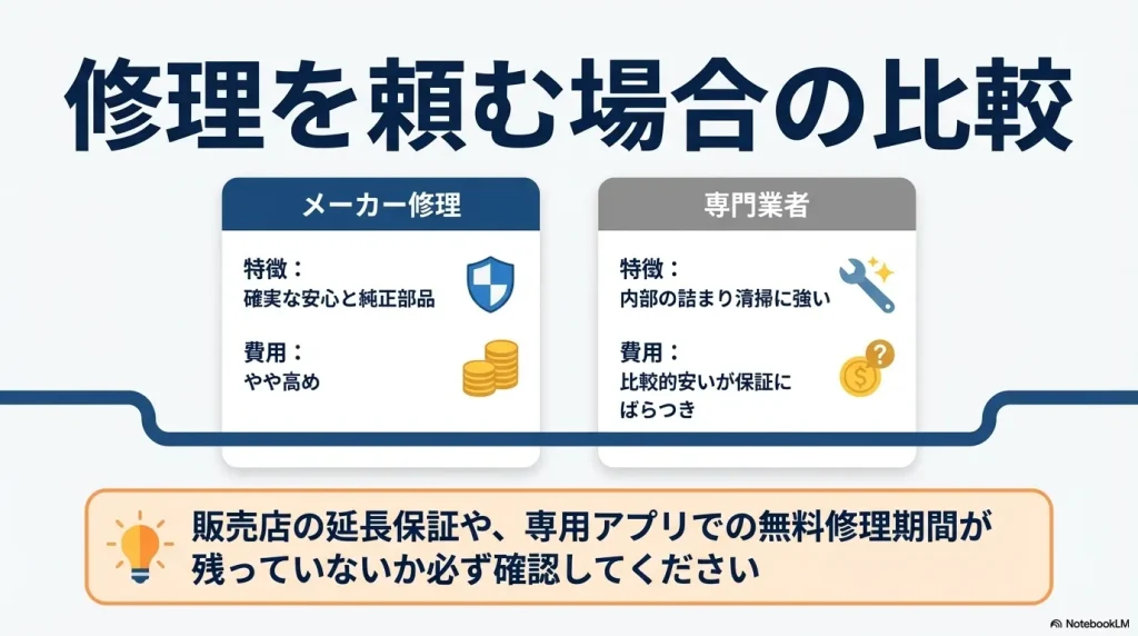 確実な安心と純正部品を提供するメーカー修理と、内部の詰まり清掃に強い専門業者を比較し、販売店の延長保証や専用アプリでの無料修理期間の確認を促すスライド