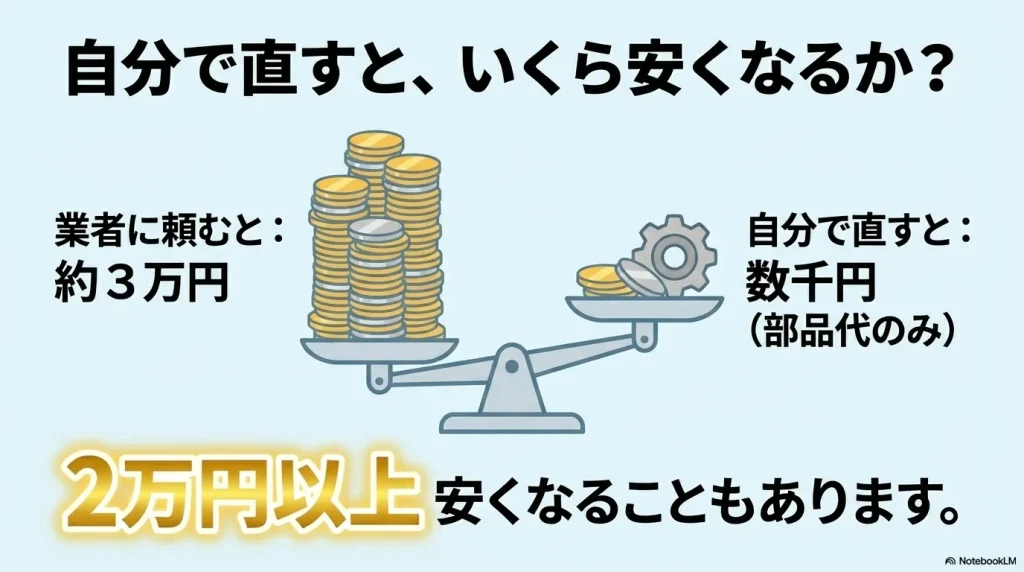 業者に頼むと約3万円、自分で直すと数千円(部品代のみ)で、2万円以上安くなることを示す天秤の図。