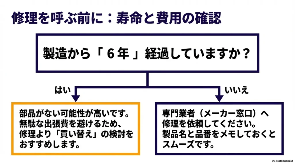 製造から6年が経過しているかどうかで、部品の有無や買い替えを検討するためのフローチャート
