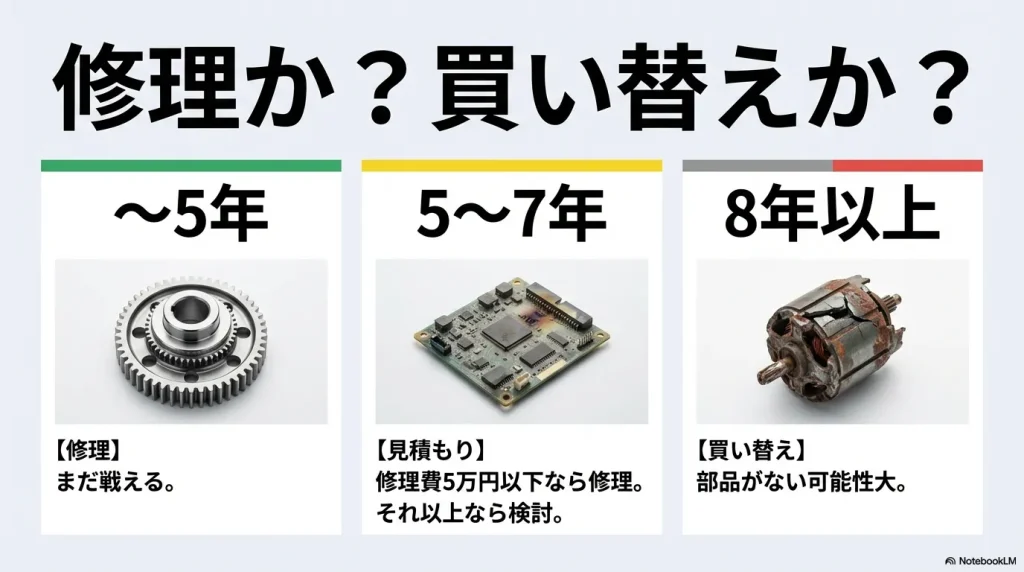 5年までは修理、5〜7年は見積もり次第、8年以上は部品欠品のリスクから買い替えを推奨するガイド。
