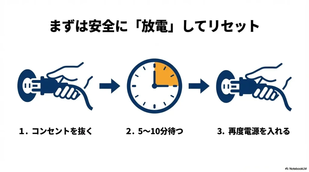 コンセントを抜き、5分から10分待ってから再度電源を入れる、洗濯機の安全な放電・リセット手順