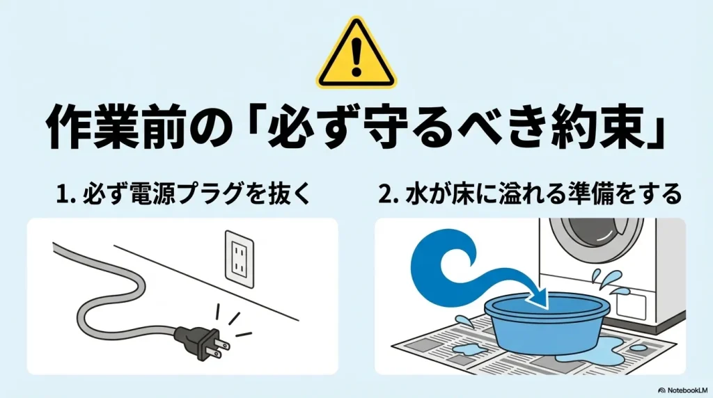 電源プラグを必ず抜くことと、水が床に溢れる準備(バケツや新聞紙)をすることの注意喚起。