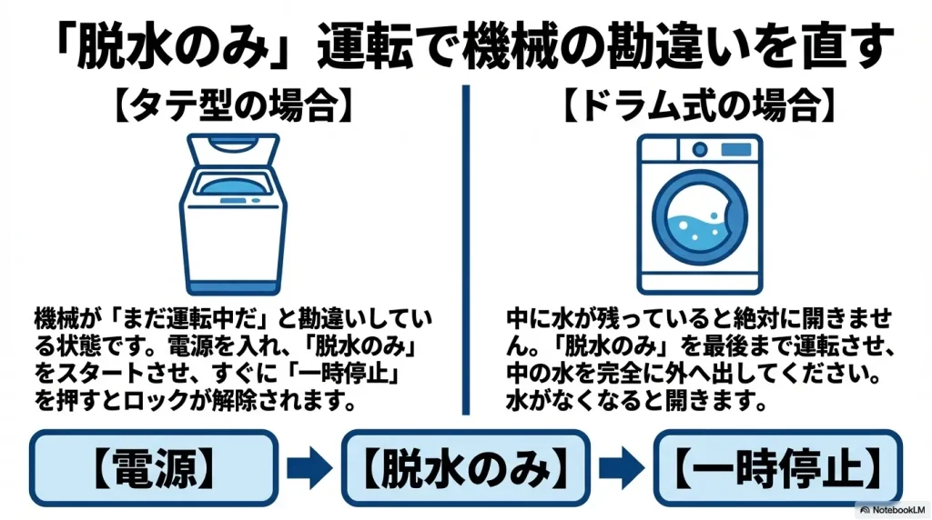 機械の勘違いを直すため、タテ型は脱水のみスタート後に一時停止し、ドラム式は完全に水を外へ出す手順を示すスライド