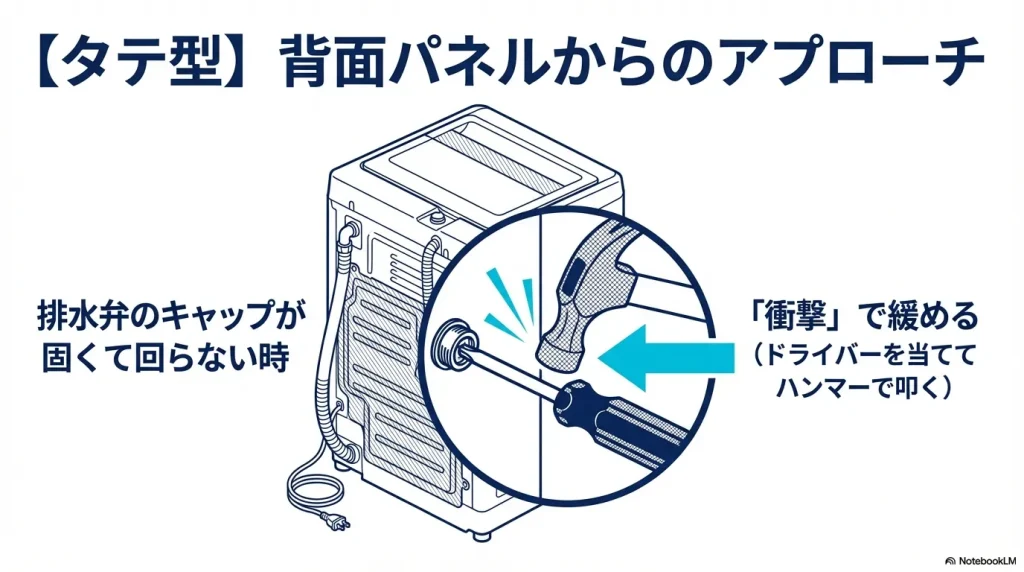 タテ型洗濯機の背面からアクセスし、固くて回らない排水弁キャップにドライバーを当ててハンマーで叩いて緩めるイラスト。