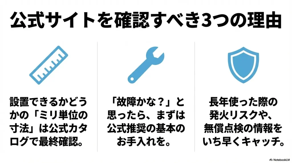 公式サイトを確認すべき3つの理由(ミリ単位の寸法確認、基本のお手入れ、発火リスクや無償点検情報のキャッチ)