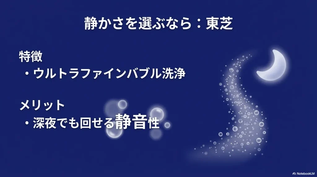 深夜でも回せる静かさを持つ東芝洗濯機の特徴とメリット