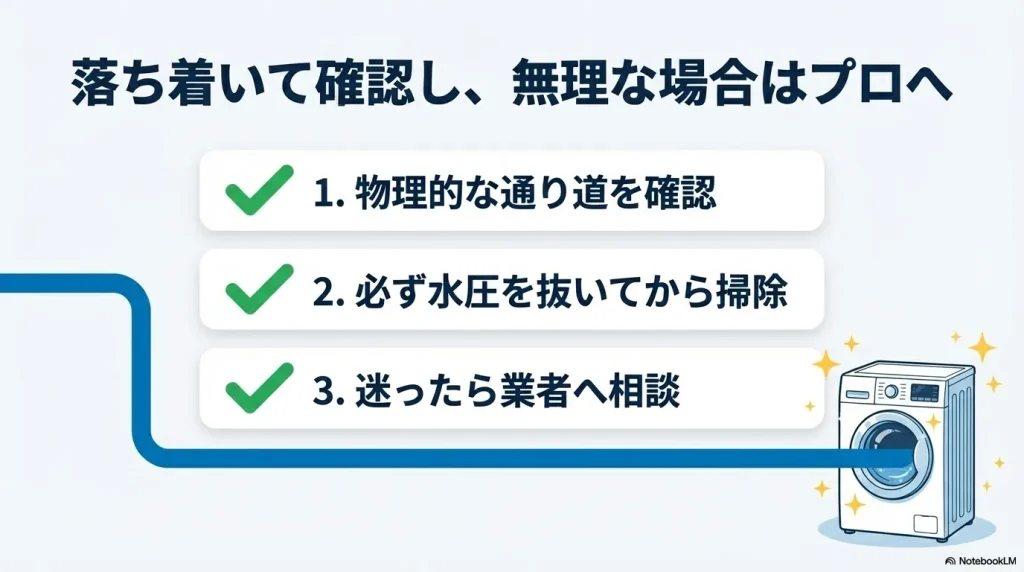 落ち着いて確認し無理な場合はプロへ頼むとして、1.物理的な通り道を確認、2.必ず水圧を抜いてから掃除、3.迷ったら業者へ相談するという3つのステップをまとめたスライド