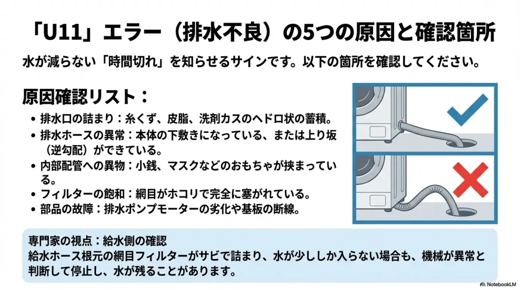排水不良を知らせるU11エラーの原因リストと、排水ホースの正しい設置と逆勾配の比較図