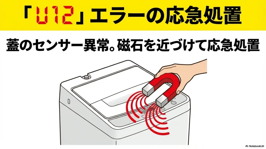 縦型洗濯機の蓋の右上にU字磁石を近づけて、センサー異常に対処するイラスト