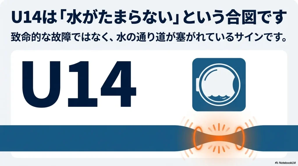 U14は水がたまらないという合図であり、致命的な故障ではなく水の通り道が塞がれているサインであることを示すスライド