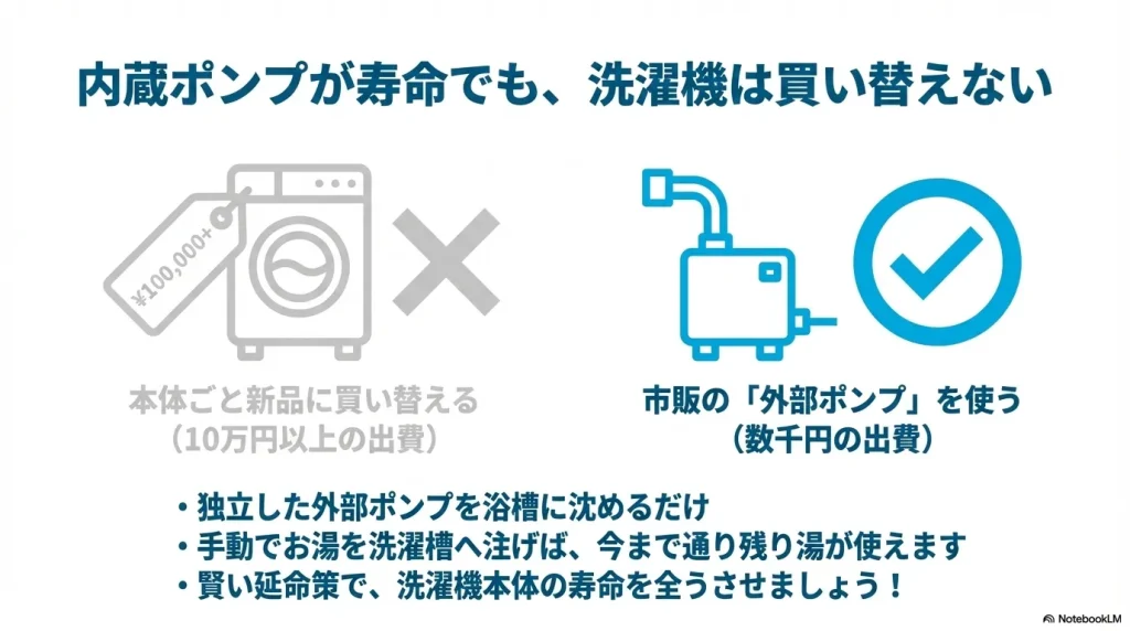 本体ごと買い替えず、市販の外部ポンプを使って出費を抑える賢い延命策のアイデア