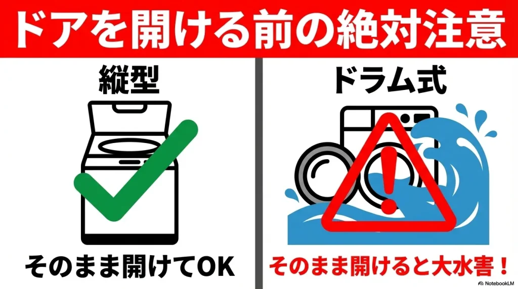 そのままドアを開けても安全な縦型洗濯機と、開けると大水害になる危険があるドラム式洗濯機の比較