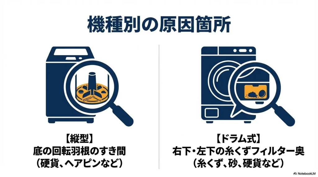 縦型洗濯機は底の回転羽根のすき間、ドラム式は糸くずフィルター奥がFEエラーの原因箇所であることを示す図解