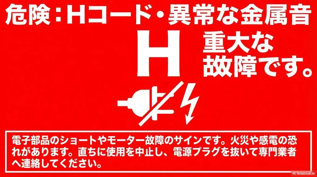 重大な故障を示すHコードや異常音への警告。電子部品のショートやモーター故障の恐れがあり、直ちに電源を抜いて業者へ連絡するよう促している。