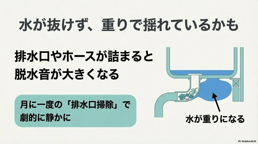  排水口が詰まり、溜まった水が重りになって洗濯機が揺れる様子を描いたイラスト 。