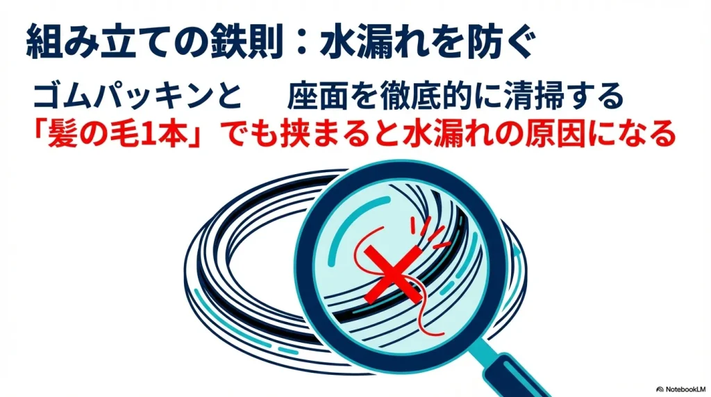 髪の毛1本でも挟まると水漏れの原因になるため、ゴムパッキンと座面を徹底的に清掃する注意喚起。