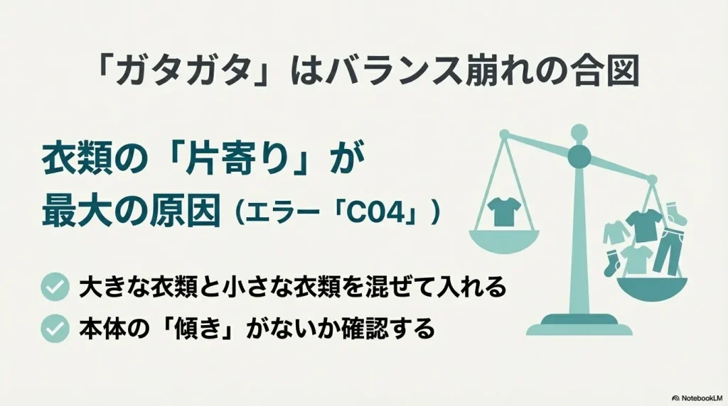 脱水時のガタガタ音の最大原因が衣類の片寄り（エラーC04）であることを説明する図解 。