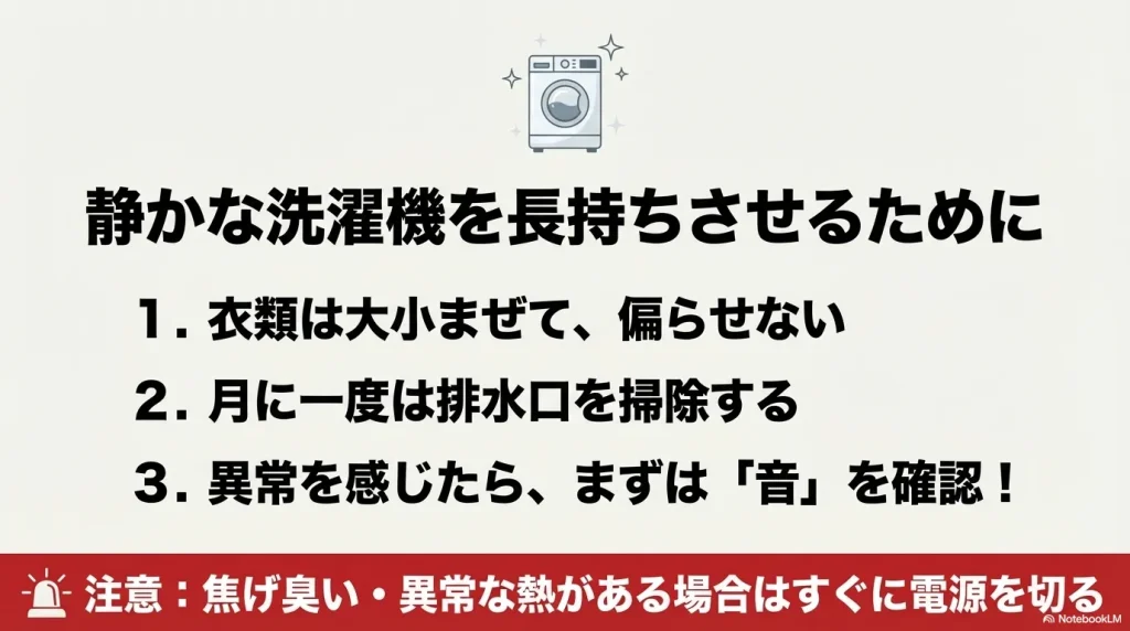 衣類を混ぜて入れる、月1回の排水口掃除、異音の早期確認という3つのメンテナンスポイント 。