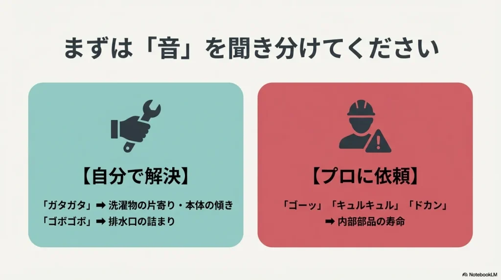 ガタガタ・ゴボゴボ音は自分で解決、ゴーッ・キュルキュル音はプロに依頼することを示す診断フロー 。