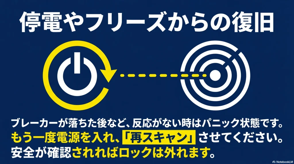 電源ボタンからターゲットマークへ矢印が向かっているイラスト。停電やブレーカーが落ちた後は、もう一度電源を入れてシステムに再スキャンさせる復旧手順を示しています。