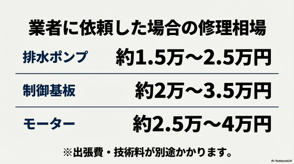 排水ポンプは約1.5万〜2.5万円、制御基板は約2万〜3.5万円、モーターは約2.5万〜4万円の修理相場目安を示す表