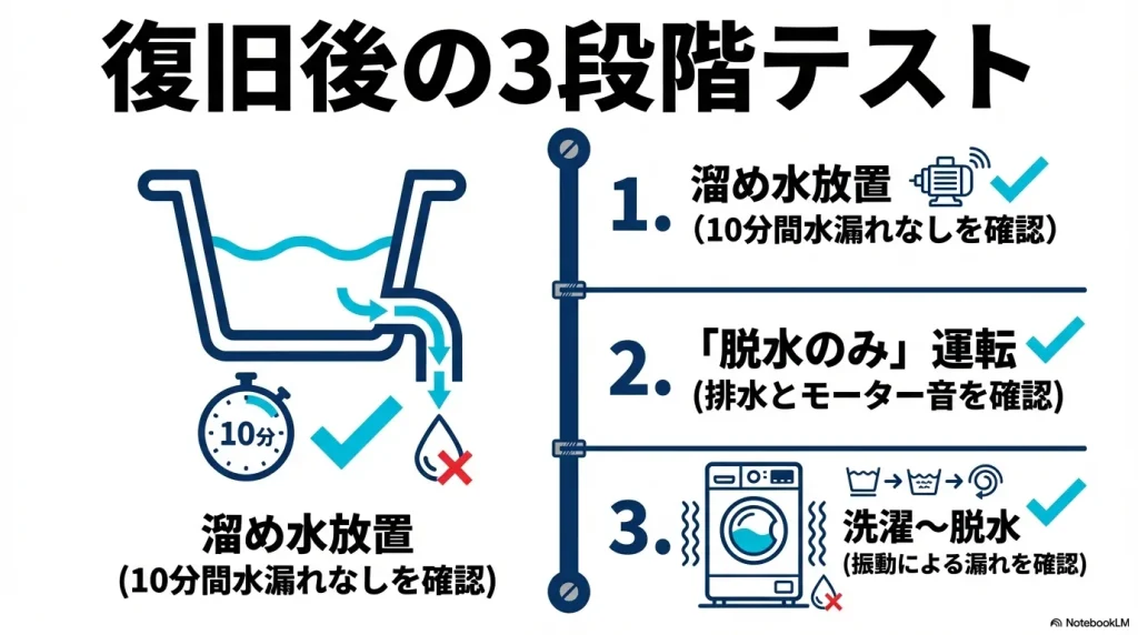 溜め水放置、脱水のみ運転、フルサイクルの3段階で水漏れと動作を確認するテスト手順。