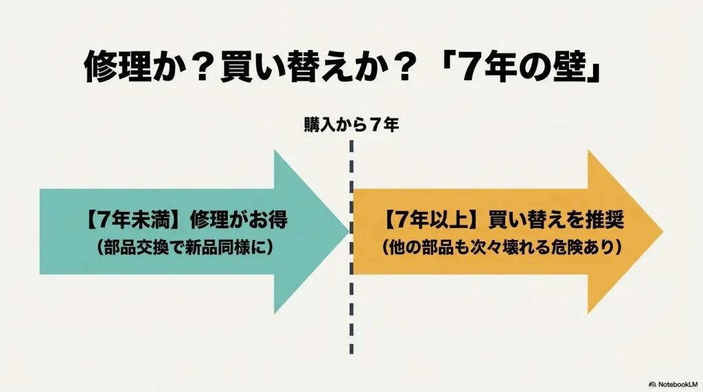 購入から7年未満は修理、7年以上は他の故障リスクも考慮して買い替えを推奨する比較図 。