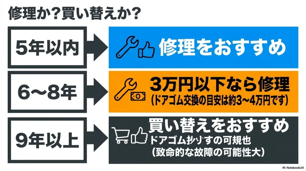 使用年数（5年以内、6〜8年、9年以上）に応じた修理と買い替えの推奨時期を示したチャート