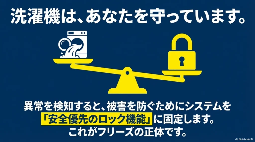 天秤にかけられた洗濯機と南京錠のイラスト。異常を検知すると被害を防ぐために安全優先のロック機能が働くことを示しています。