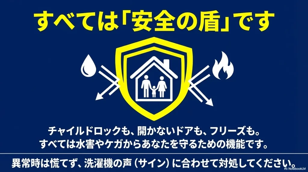 家と家族を水害や火災から守る盾のイラスト。チャイルドロックや開かないドアなどはすべて、異常時に被害を防ぐための安全機能であることを伝えています。